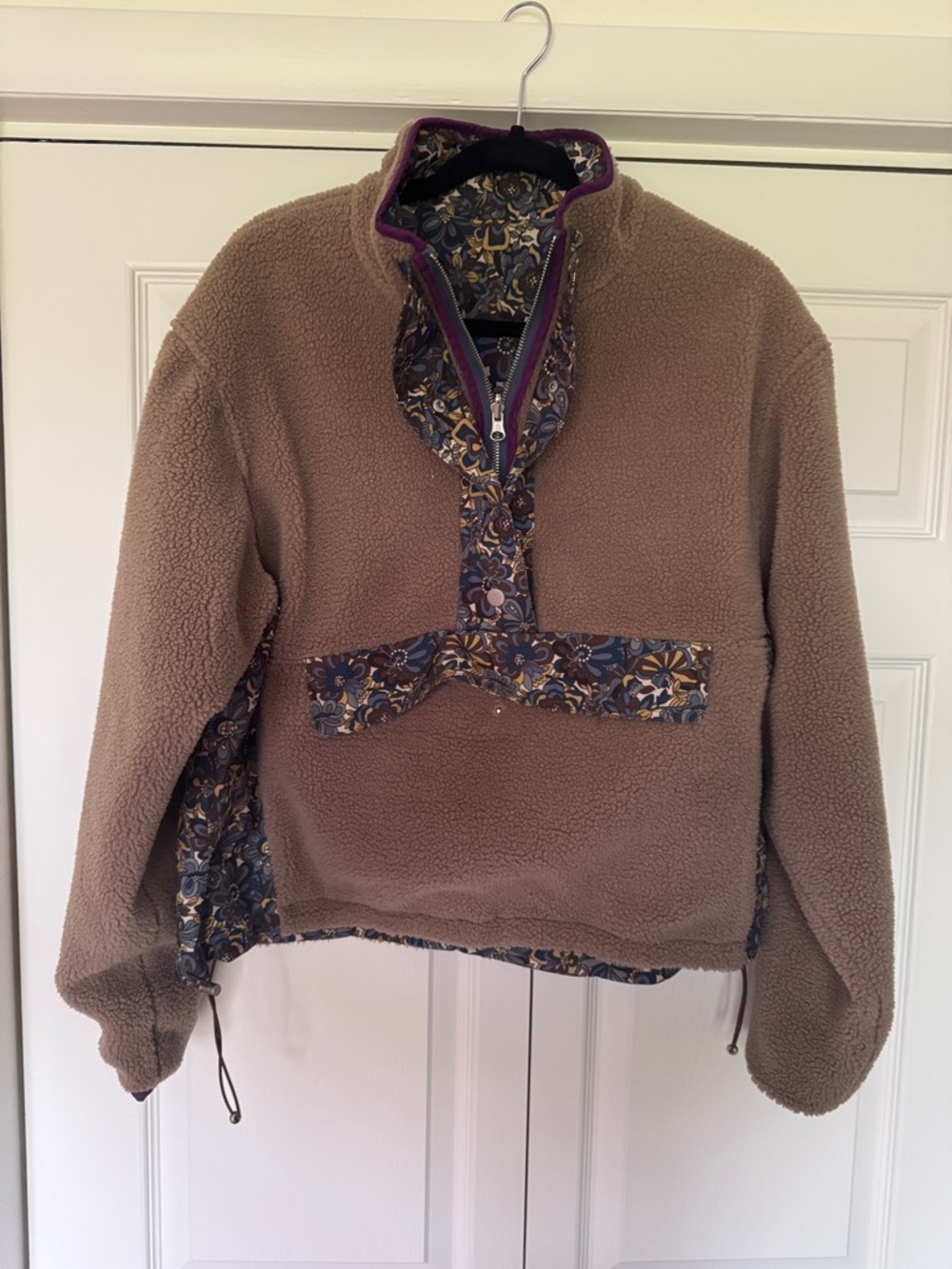 Current Air Taupe Sherpa Pullover with Blue Floral Trim